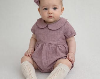 Baby Girl Linen Peter pan Collar Bubble Romper | 3pc Set with socks + Bow | ALLIE LAVENDER