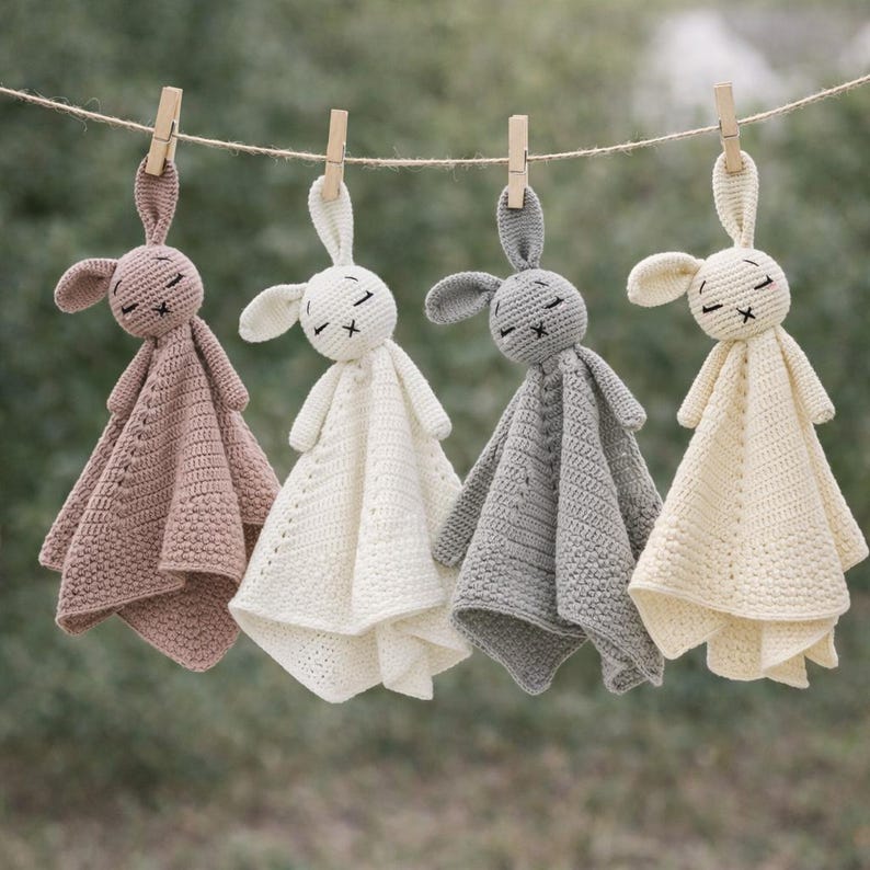 May include: Four crocheted bunny security blankets in varying colors: dusty rose, white, gray, and cream. Each bunny has closed eyes and is suspended by a wooden clothespin. The blankets are hanging on a string against a blurred green background.