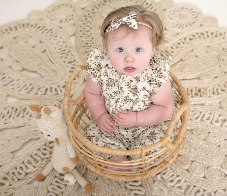 Baby Girl Cotton Floral Jumper Romper with Bow | OPTIONS| Jennifer VINTAGE Floral image 3
