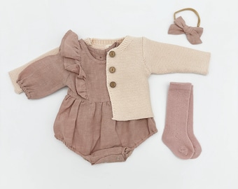 Baby Girl Linen Ruffle Bubble Romper | OPTION Sets  socks + Bow + Cardigan | DUSTY PINK Gabriella