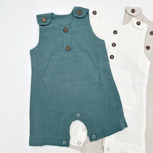 Op de afbeelding: Drie babyrompers in verschillende kleuren. De voorste romper is teal met een voorzak en houten knopen. De middelste romper is wit en de derde is gestreept. Allemaal hebben ze knoopsluitingen bij de schouders en kruis.