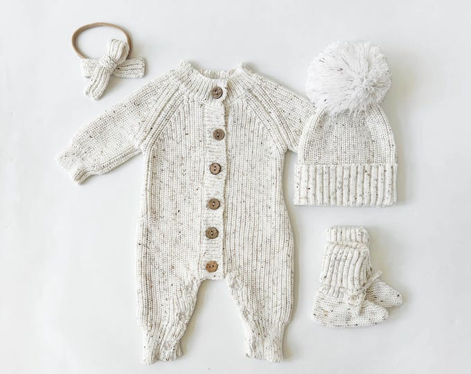Baby Knit Jumpsuit Buttoned Outfit | Combo Options| Beanie booties Jumper| Coco-Speckle MEKO