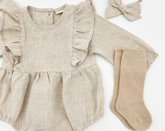 Baby Girl Linen OAT Ruffle Bubble Romper | OPTION SETS  socks + Bow + Cardigan | Gabriella