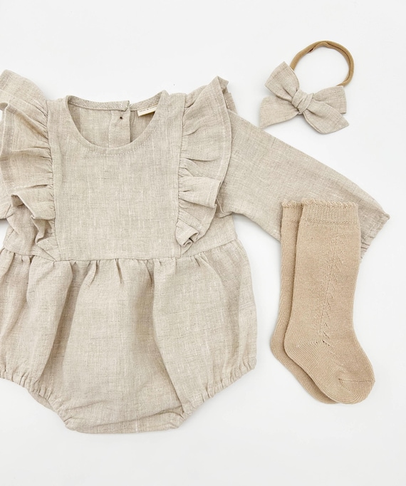 Baby Girl Linen OAT Ruffle Bubble Romper OPTION SETS Socks Bow