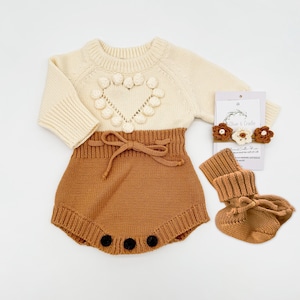 Baby Girl knit HEART ROMPER | Options + Sets| Bow Booties socks | Copper Heart