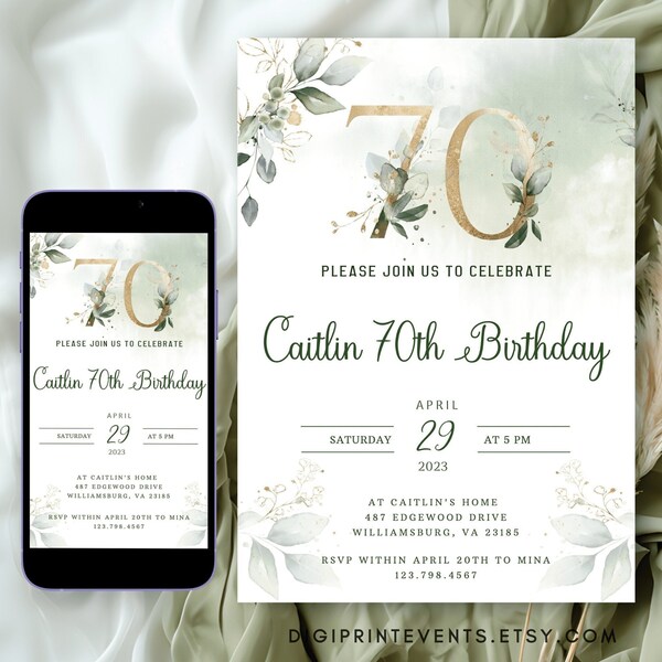 70th Birthday Invitation Women Birthday Digital 70th Birthday Party Invitation Template Editable 70th Invite Greenery Instant Download, #044