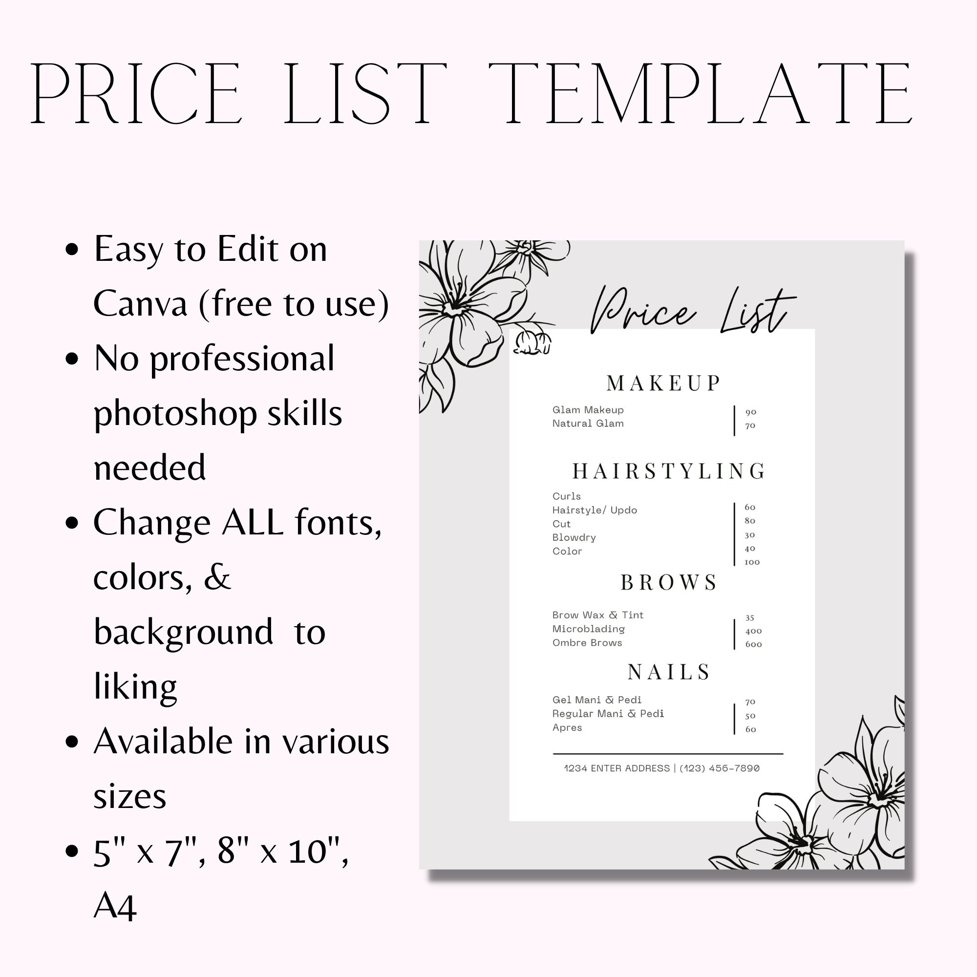 Editable Beauty Salon Price List Makeup Artist Menu Price Hairstylist
