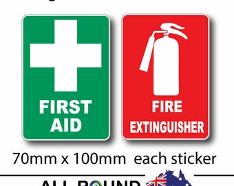 Fire extinguisher & first aid  sticker sign decal set  ohs whs 100x70mm