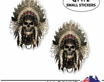 2 x small indian skull printed vinyl sticker for bike, helmet, laptop, phone,