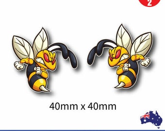 2 x angry bee stickers funny cute bee, laptop sticker , car window, helmet, bik