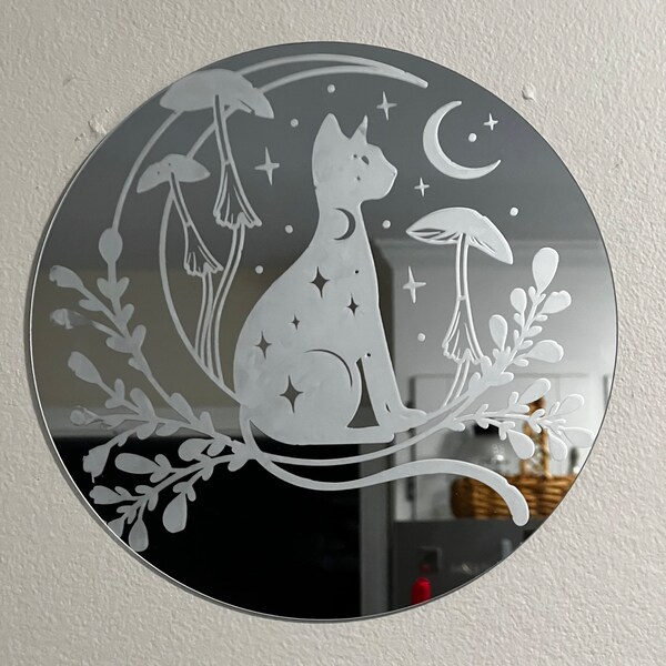 Handmade Etched Moon Cat Mirror - Mirror Wall Decor