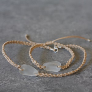 Clear sea glass choker and bracelet set on light brown macramé cord (friendship necklace) with silver components and lobster claw clasp