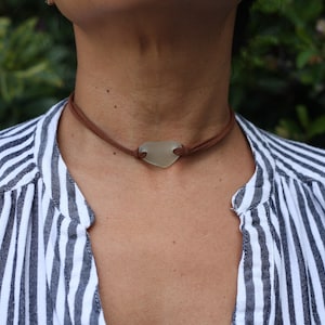 Hippy Natural Style Clear Sea Glass Choker Necklace Handmade with Soft Tan Leather Cord. (It’s about 13 inch long)