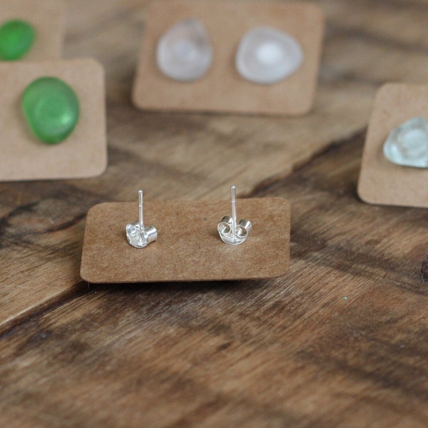 Simple beachy handmade real sea glass and sterling silver stud earrings, 5 different colors, green, light brown, dark brown, clear, & aqua