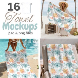 Op de afbeelding: Een verzameling van 16 handdoek-mockups met bloemmotieven in verschillende omgevingen. De handdoeken hebben een witte achtergrond met blauwe, oranje en gele bloemen. De afbeelding bevat de tekst "16 Towel Mockups psd & png files."