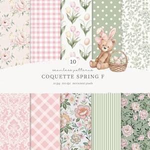 Pode incluir: Uma coleção de dez padrões sem costura com tema de primavera. Os padrões incluem desenhos florais, xadrez vichy, bolinhas e um ursinho de pelúcia com orelhas de coelho. A paleta de cores apresenta rosas, verdes e brancos suaves. O texto diz "COQUETTE SPRING F".