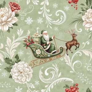 Puede incluir: Ilustración navideña festiva con Papá Noel en un trineo verde tirado por un reno. El fondo es verde claro con detalles florales y copos de nieve blancos. Grandes flores blancas y rojas enmarcan la escena.