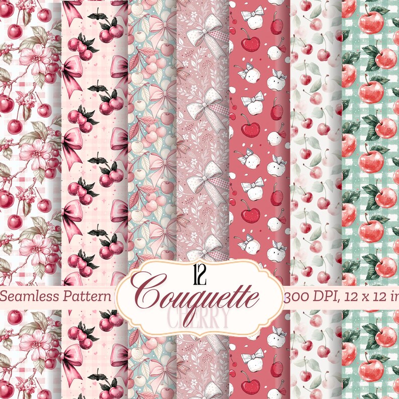 Cherry Coquette Seamless Pattern Bundle: Pink Bow Digital Papers (PNG ...
