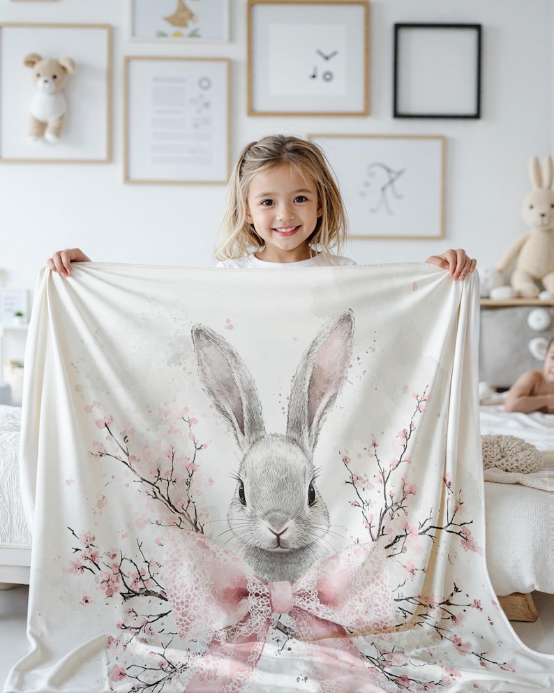Pode incluir: Um coelho branco e rosa com um la&ccedil;o rosa e galhos de cerejeira em flor sobre um fundo branco. O coelho est&aacute; olhando para a c&acirc;mera.