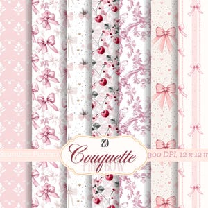Pink Coquette Pattern Cherry Bow Seamless Pattern Bundle Digital Papers Romantic Scrapbooking Backgrounds Cherry Bow Crafting Patterns