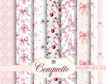 Pink Coquette Pattern Cherry Bow Seamless Pattern Bundle Digital Papers Romantic Scrapbooking Backgrounds Cherry Bow Crafting Patterns