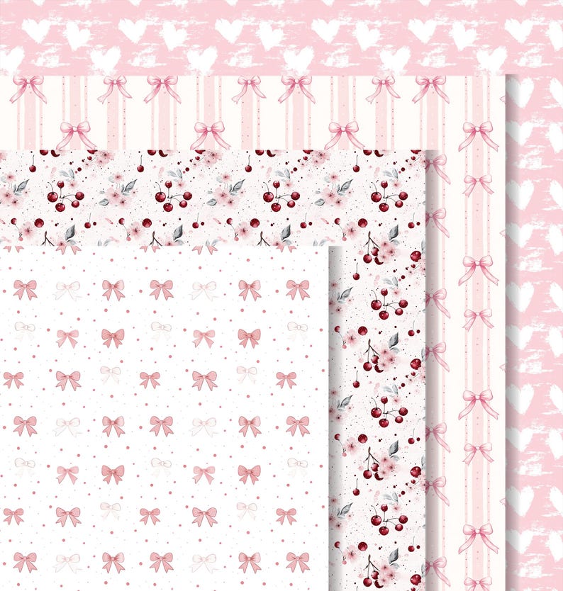 Pink Coquette Pattern Cherry Bow Seamless Pattern Bundle Digital Papers ...