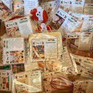 May include: A collection of individually packaged Christmas elf activity kits, each featuring a printed instruction card labeled with a specific day, such as Day 13 To the Moon & Back, Day 18 Santa Cam, and Day 2, containing various small props and accessories.