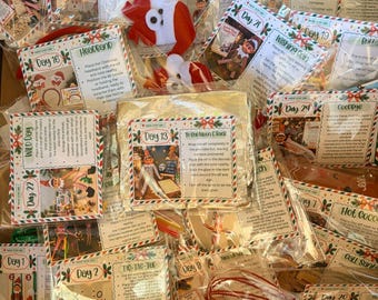 May include: A collection of individually packaged Christmas elf activity kits, each featuring a printed instruction card labeled with a specific day, such as Day 13 To the Moon & Back, Day 18 Santa Cam, and Day 2, containing various small props and accessories.