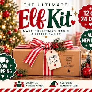 May include: A rectangular cardboard box tied with a red and white striped ribbon, featuring a tag labeled 'Krafts for Fun' and text reading 'SMALL PROPS BIG MEMORIES'. The box is surrounded by Christmas decorations, including a tree and ornaments.
