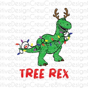 May include: A green cartoon dinosaur wearing antlers and wrapped in Christmas lights. The dinosaur is smiling and holding a string of lights. The text "TREE REX" is in red below the dinosaur.