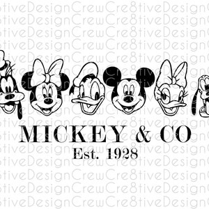 May include: Black and white graphic featuring the faces of Disney characters Goofy, Minnie Mouse, Donald Duck, Mickey Mouse, Daisy Duck, and Pluto. The text "MICKEY & CO" and "Est. 1928" are also included.