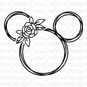 May include: Black and white outline of a Mickey Mouse head with a single rose and leaves in the center.