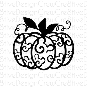 Puede incluir: Una silueta en blanco y negro de una calabaza con un patrón de espiral. La calabaza tiene un tallo y hojas.