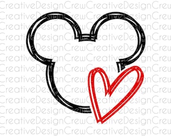 May include: Black and white outline of Mickey Mouse's head with a red heart drawn inside. The heart is outlined in red.