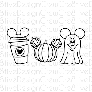 Puede incluir: Ilustración en blanco y negro de línea de arte de una taza de café con orejas de Mickey Mouse, una calabaza con orejas de Mickey Mouse y un fantasma con orejas de Mickey Mouse.