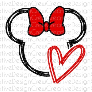 May include: Black and white outline of Mickey Mouse's head with a red bow and a red heart drawn inside the ear.