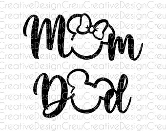 May include: Black graphic design with the words "Mom" and "Dad" in a cursive font. The word "Mom" has a bow graphic above it. The word "Dad" has a Mickey Mouse head graphic above it. The background is white.