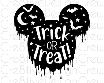 May include: Black and white silhouette of Mickey Mouse ears with dripping black paint. The ears are filled with stars and bats. The text "Trick or Treat!" is written in white inside the ears.