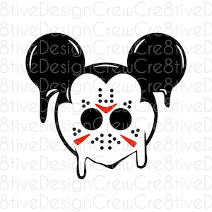 May include: Black and white illustration of a Mickey Mouse head with a dripping, melting hockey mask. The mask has red accents and a black eye hole.