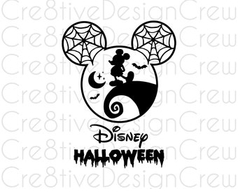 以下が含まれることがあります： クモの巣のデザインが施されたハロウィーンの衣装を着たミッキーマウスの白黒シルエット。画像の下に「Disney HALLOWEEN」の文字があります。