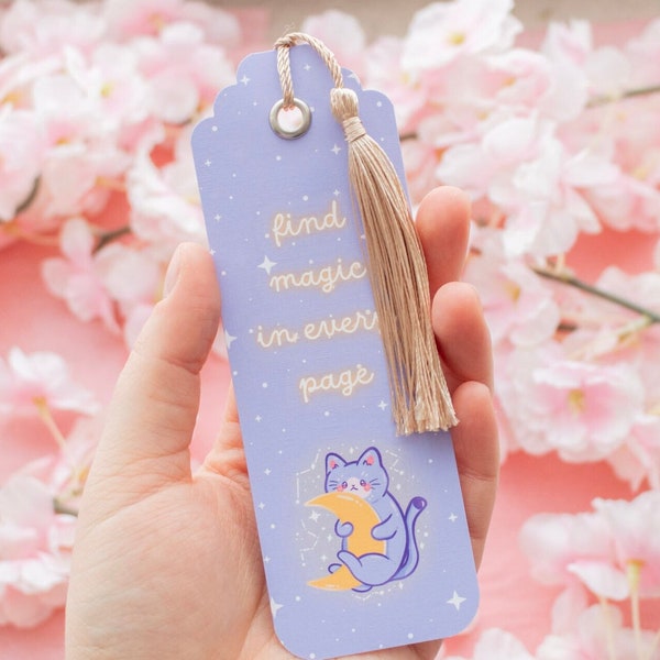 Cat Bookmark with Tassel | Birthday Gift | Book Lover Gift | Moon | Double Printed | Cute | Witchy | Book Lovers | Bookish | Book Mark |