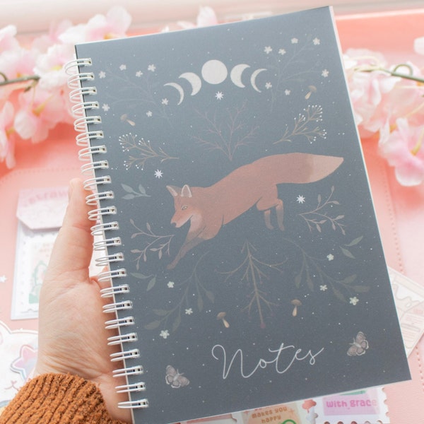 Spiral Notebook | A5 | Dotted | Personal Diary | Gift | Fox Design | Stationary | Back to School | Journal | Sketchbook | Gift | Moon |