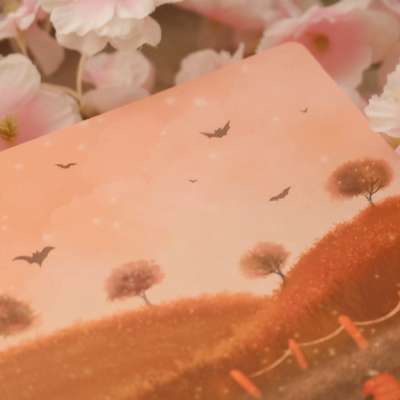 May include: A digital illustration of a sunset with bats flying in the sky. The scene features a row of trees with orange leaves and a fence in the foreground.