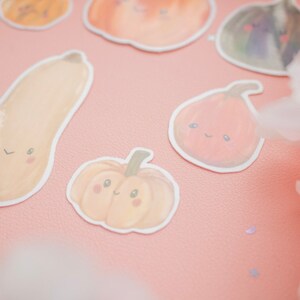 May include: A collection of pumpkin-themed stickers with smiling faces. The stickers are in various shapes and shades of orange, with green stems and white outlines. The stickers are arranged on a pink surface.