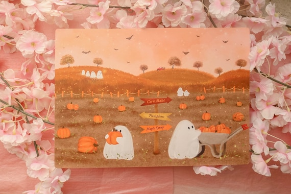Cozy Autumn Ghost Print | Cottagecore Wall Art | Cute Fall Decor | Pumpkin Patch Illustration | Cozy Room Decor | A4 Print