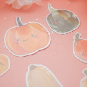 May include: A collection of cute pumpkin stickers with smiling faces. The stickers feature orange, green, and tan pumpkins with white outlines. The background is a soft pink color with small star-shaped confetti.