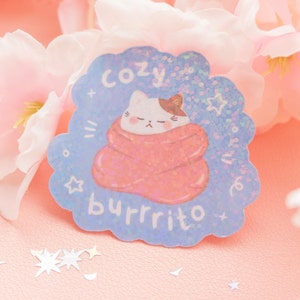 Autocollants Chat Mignon | Burrito Confortable | Autocollants pour Ordinateur Portable | Autocollants Kindle | Autocollants Mignons | Autocollants pour Bouteille d'Eau | Autocollants Holographiques | Vinyle |
