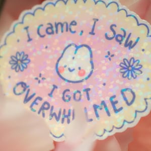 May include: A holographic sticker with a scalloped edge. The sticker has a pink background with a cute bunny face and the text "I came, I saw, I got overwhelmed" in blue. Decorative flowers and stars are also included.