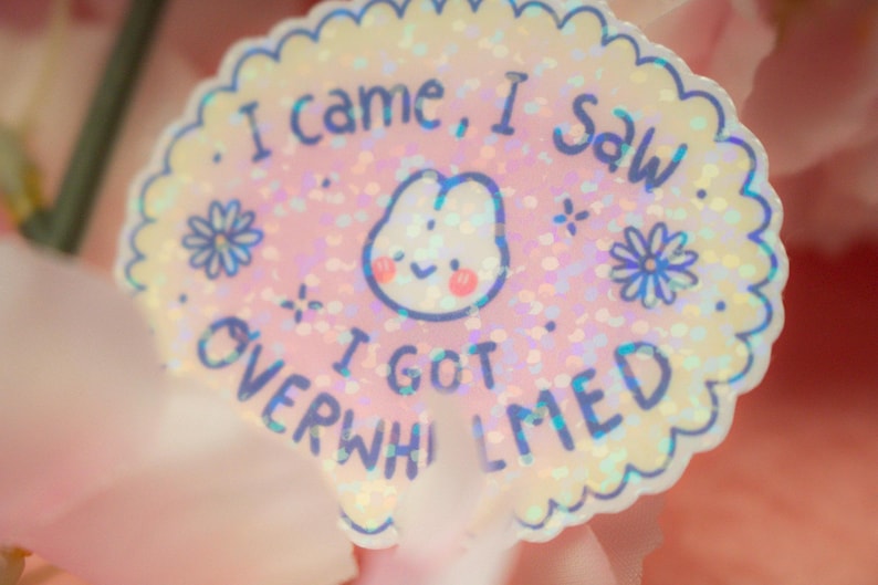 May include: A holographic sticker with a scalloped edge. The sticker has a pink background with a cute bunny face and the text "I came, I saw, I got overwhelmed" in blue. Decorative flowers and stars are also included.