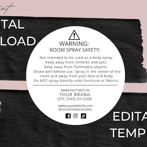 Op de afbeelding: Zwart-witte digitale downloadtemplate voor een ruimteverfrisserlabel. Het label bevat een waarschuwing over de veiligheid van ruimteverfrissers, gebruiksaanwijzingen en ruimte voor de merknaam, stad, staat, postcode, website en social media-handvatten.